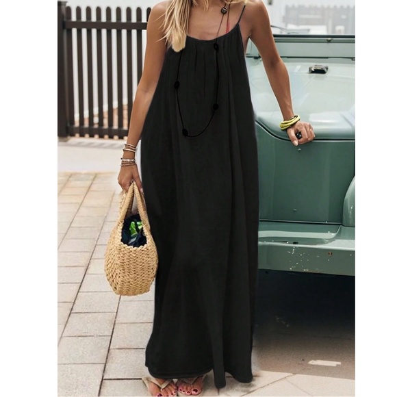 Loose Fitting Black Backless Drawstring Cami Long Maxi Dress - Picture 2 of 7